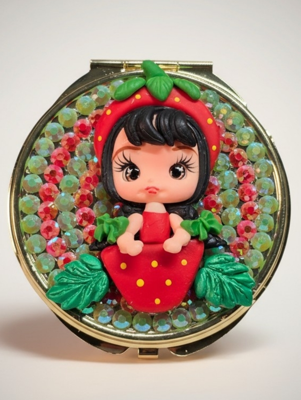 Bling Strawberry Girl Compact Mirror | Rhinestone Mirror with Handmade Doll
